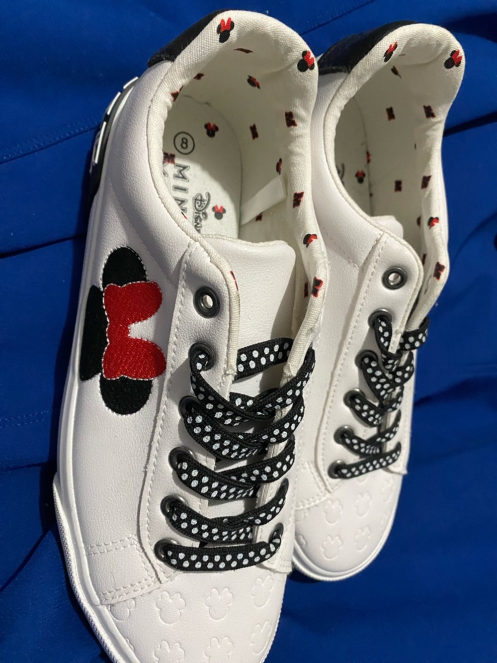 Disney White Sneakers with Red Bow and Black Polka Dot Laces